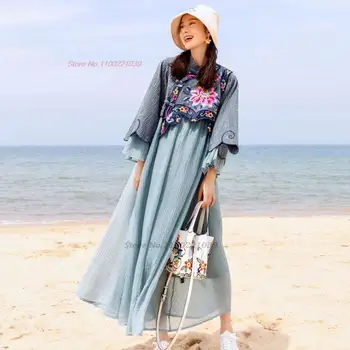 2023 восточное винтажное платье, китайское традиционное женское платье с национальной цветочной вышивкой ханфу, шифоновое длинное платье в стиле ретро в народном стиле