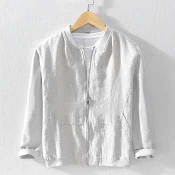 2023 Мужская весенне-летняя модная рубашка на молнии со стоячим воротником и длинным рукавом, однотонная льняная рубашка для отдыха