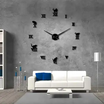 3D DIY, Большие бесшумные Кварцевые настенные часы, Современный Бескаркасный Домашний декор, Большие часы с котом, Зеркало для спальни, Котята, Декор для котенка