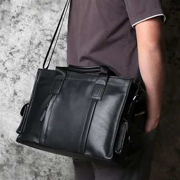 AETOO, деловая кожаная мужская сумка, первый слой, сумка для компьютера из воловьей кожи, горизонтальный портфель большой емкости, мужская сумка на плечо