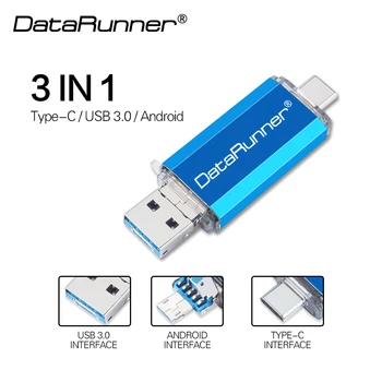 DataRunner 3 В 1 Высокоскоростной OTG USB флэш-накопитель TYPE C Pen Drive 512 ГБ 256 ГБ 128 ГБ 64 ГБ 32 ГБ Флешка USB 3,0 Memory Stick