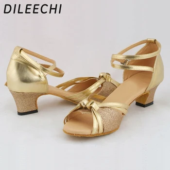 DILEECHI/ золотые женские туфли для латиноамериканских танцев из искусственной кожи для взрослых, карликовые туфли для бальных танцев на низком каблуке, толстый каблук 4,5 см