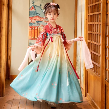 Весенний детский костюм Танг для выступлений, китайское платье для девочек, костюмы для китайских народных танцев, Восточная ретро-вышивка Hanfu