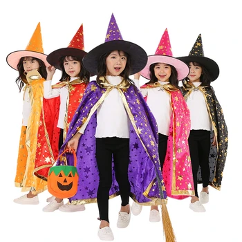 Детские костюмы на Хэллоуин, плащ ведьмы, Накидка ведьмы со шляпой, детский костюм на Хэллоуин, аксессуары для косплея для детей от 3 до 12 лет