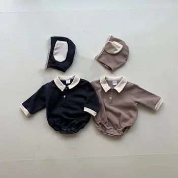детское боди с цветными блоками, удобный комбинезон со шляпой, плотная одежда для новорожденных