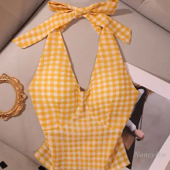 Женская Внутренняя одежда на бретельках в желтую клетку во французском стиле, летняя Сексуальная приталенная верхняя одежда, топ для горячих девушек на побережье