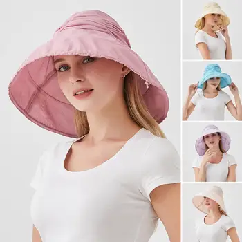 Женская Рыбацкая шляпа с большими полями, складная, однотонная, Солнцезащитная, Плиссированная, с защитой от ультрафиолета, Круглая, с выдвижными полями, Женская пляжная шляпа, головной убор