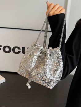 Женская сумка через плечо с блестками, Роскошная Дизайнерская новинка 2023 года, Универсальные черные сумки-мессенджеры на цепочке