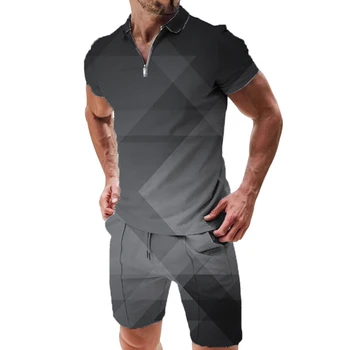 Летний Повседневный Модный комплект, Мужская Повседневная футболка с 3D принтом и короткими рукавами, Мужская рубашка Поло на молнии С отворотом, Мужская Одежда, Мужское поло