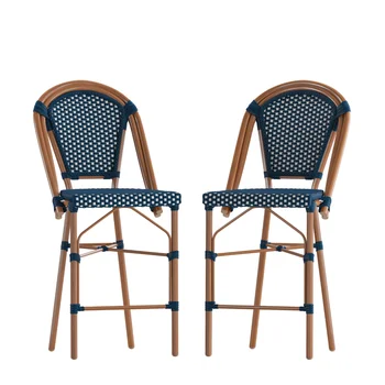 Набор из 2 штабелируемых стульев для французского бистро в помещении/на открытом воздухе высотой 26 дюймов, Товарный сорт, темно-синий/ белый с отделкой из бамбука