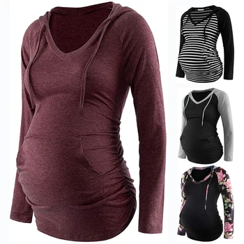 Новая толстовка для беременных, Женский свитер с капюшоном и длинным рукавом, Полосатый принт для беременных, Толстовка с V-образным вырезом, Толстовки с капюшоном, топ