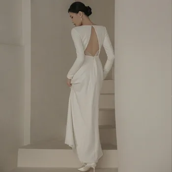 Простое Свадебное платье с длинным рукавом, Свадебное Белое Атласное Бальное платье с открытой спиной, Vestidos De Novia