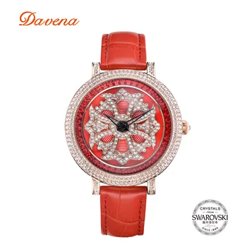 Роскошные женские часы Davena Roate Snow Flower, японские часы Mov't Crystal Lady, изысканный модный браслет из натуральной кожи, подарочная коробка для девочек