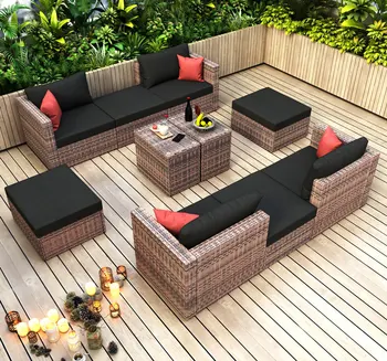 Садовый стул для патио на открытом воздухе, Коричневый Плетеный Секционный диван для беседы, имитация бамбукового ротанга с подушками, чехол для подушек