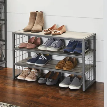 3-ярусный стеллаж для хранения обуви деревянный 12 пар серый