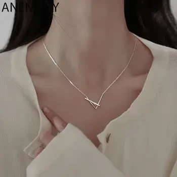 ANENJERY Серебряное V-образное ожерелье для женщин с Геометрическим Крестом, цепочка на Ключицу, ожерелье, ювелирные подарки