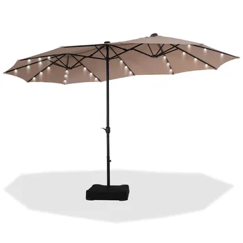 MF Studio 15-футовый двухсторонний солнечный зонт для патио с основанием, большой настольный зонт для улицы с кривошипной ручкой и 36 шт светодиодных ламп