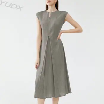 Miyake Плиссированное Летнее Элегантное Модное Темпераментное Женское платье без рукавов с V-образным вырезом, однотонное платье