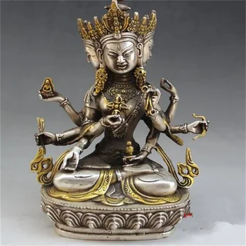 Tibet buddhismus fane silber 3 gesicht 8 arm Kwan-yin Bodhisattva buddha statue dekoration metallhandwerk