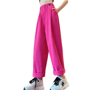 Брюки для девочек от 5 8 до 12 13 14 лет, хит продаж, модные розовые Зеленые Бежевые Черные джинсы, повседневные хлопковые брюки