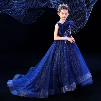 Великолепное Вечернее Платье с вышивкой на спине для девочек и показ моделей, Асимметричное Платье длиной до щиколотки от 3 до 16 Лет, Королевские Синие Платья для выпускного вечера