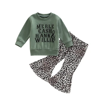 Весенне-осенняя одежда из 2 предметов для маленьких девочек, толстовка с длинными рукавами и буквенным принтом и эластичные расклешенные брюки с леопардовым принтом, повседневный комплект