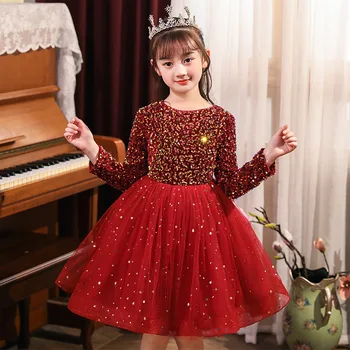 Вечернее платье с блестками для девочек, красный наряд с длинным рукавом, Винтажный коктейль, Рождественская вечеринка, День рождения, Бальное платье-пачка Принцессы от 4 до 12 лет