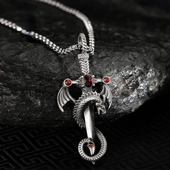 Винтажное серебряное ожерелье с подвеской в виде креста с мечом Дракона для мужчин, женское готическое панковское ожерелье с длинной цепочкой, ювелирные изделия в стиле хип-хоп
