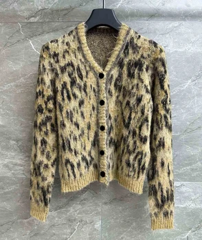 высокое качество 2023, осенне-зимний женский леопардовый кардиган с v-образным вырезом, однобортные мохеровые шерстяные свитера