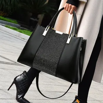 Высококачественная черная сумка из искусственной кожи с бриллиантовым дизайном, женская большая вместительная сумка-тоут, деловой портфель, сумка через плечо, сумка на плечо