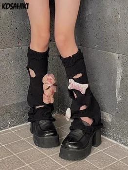 Вязаные носки с нашивкой в виде черепа Кровавого Медведя, грелка для ног, Японские Чулки Jk Lolita, женские носки в стиле панк Харадзюку, готика, Длинные носки Y2k