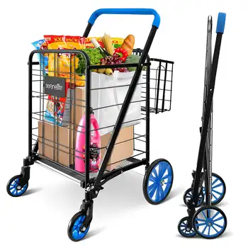 Двойная корзина для покупок в супермаркете с вращающимися на 360 градусов поворотными колесами, складная конструкция