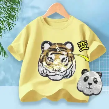 Детская футболка с Милым Изображением Тигра и Панды, Меняющая цвет на Ощупь, Детский топ с блестками для маленьких и средних детей с короткими рукавами