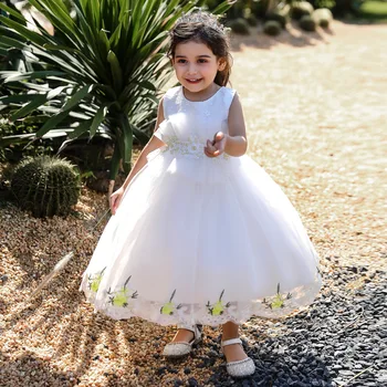 Детское праздничное летнее белое платье для девочек от 1 до 5 лет, детский костюм для вечеринки, Платья принцессы с цветочным узором, свадебное платье для девочек