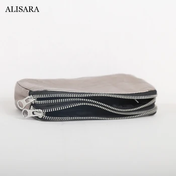 Длинный кошелек Alisara с двойной молнией, Женский кошелек из натуральной кожи Высокого качества, мужской Повседневный Кошелек большой емкости для хранения монет, сумка для мобильного телефона