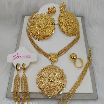 Дубайский Позолоченный ювелирный набор для женщин, Роскошное Ожерелье с подвеской в виде большого цветка и серьги, Свадебные подарки для свадебных аксессуаров