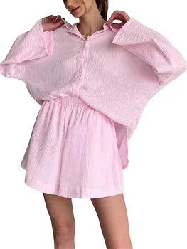 Женский Пижамный комплект из 2 предметов, короткие пижамные комплекты на пуговицах с длинным рукавом, одежда для сна, одежда для отдыха
