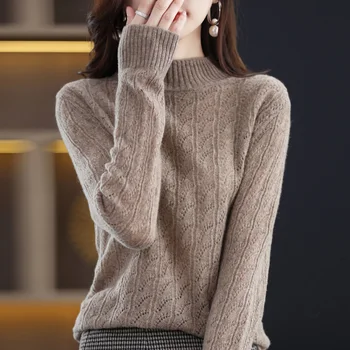 женский свитер из 100% чистой шерсти, новый вязаный пуловер с высоким воротом, женский мягкий тонкий корейский женский топ с длинными рукавами
