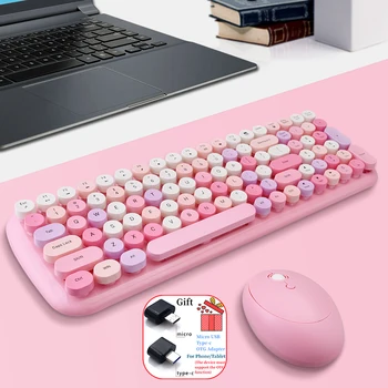 Зеленая беспроводная клавиатура и мышь, комбинированные круглые колпачки для клавиш, набор клавиатур и мыши для офисных ПК, для игры в компьютер для девочек