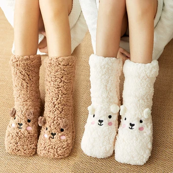 Зимние носки в пол, бархатные утепленные теплые коралловые бархатные носки с рисунком животных, домашняя обувь в японском стиле, нескользящие
