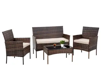 Комплект из 4 предметов Плетеного стула с мягкой подушкой, Уличная мебель для балкона из ротанга для патио, для сада на заднем дворе