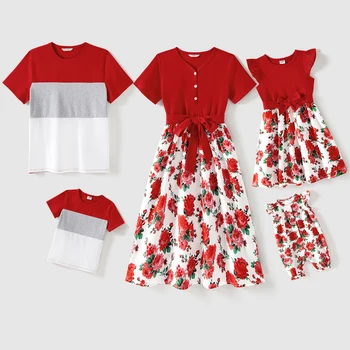 Комплекты одежды для семьи PatPat из 95% хлопка с короткими рукавами, футболки в цветную полоску и платья с цветочным принтом