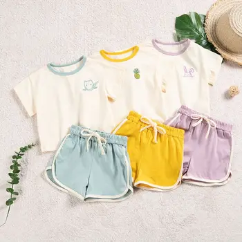 Комплекты одежды из 2 предметов с милой вышивкой для маленьких девочек, Летние красочные модные хлопковые футболки, шорты, Детская одежда