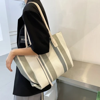 Корейские женские сумки через плечо Большой емкости 2022, новая простая женская сумка-тоут в вертикальную полоску для отдыха, модная сумочка