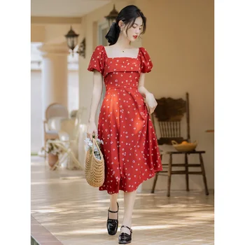 Красное платье с цветочным принтом, квадратный вырез, пышный рукав, 2023, Летнее винтажное милое французское платье, Длинная юбка трапециевидной формы, женская одежда