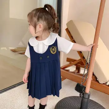 Летнее Платье для девочек 2022 Года, Новый Элегантный детский костюм в корейском стиле с короткими рукавами, Модная одежда для малышей