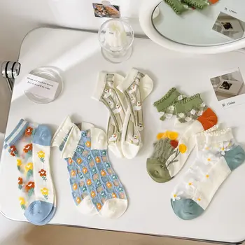 Летние ультратонкие Прозрачные Шелковые носки с кристаллами, Носки с цветочной вышивкой и оборками, Милые короткие носки в стиле Харадзюку, японский Каваи в стиле ретро