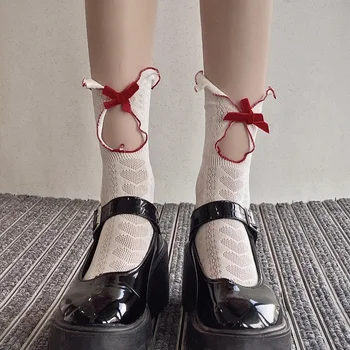 Милые женские носки для девочек JK, Японские бархатные носки с бантом и рюшами в стиле Лолиты, Открытые Сексуальные кружевные сетчатые тонкие носки с низким вырезом на щиколотке, женские носки