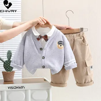 Модные комплекты одежды из трех предметов для мальчиков, новинка 2023 года, детское весеннее пальто с рисунком Медведя из мультфильма, топы с галстуком-бабочкой и брюки, Детская повседневная одежда