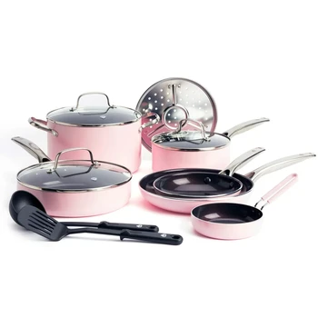 Набор посуды из керамики, пригодный для мытья в посудомоечной машине, 12 кастрюль и сковородок, розовый